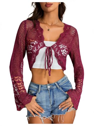 Image of OYOANGLE Women's Crochet Tie Front Sweater Cardigans Bell Sleeve Knitted Cropped Bolero Shrug Cardigan