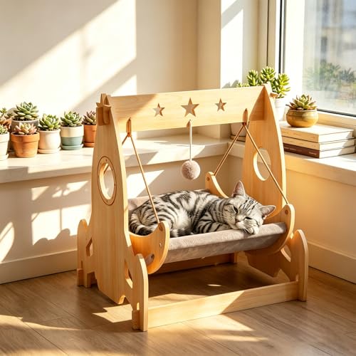 UNZIX Premium Wooden Cat Swing Hammock Bed
