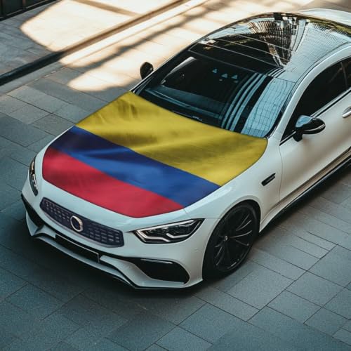 Image of Colombia Flag Print Car Hood Cover Elastic Polyester Car Hood Protector Auto Patriotic Decorations Waterproof Sunproof Automotive Exterior Accessories for Sports Events and Outdoor Use