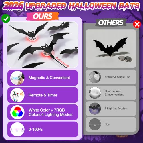 Image of LUDILO 48P Bats Halloween Decorations + 12P Rechargeable Lights with Remote | Color Changing Light up Bats Wall Decor 3D Bat Stickers, Halloween Window Wall Door Room Party Decor Indoor Outdoor, Timer
