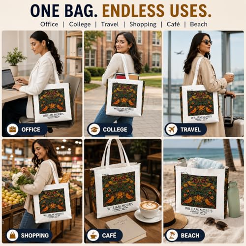 Image of Artsy Canvas Tote Bag for Women | Zipper Closure, Bottle Holder & Keychain Hook | Premium Cotton Canvas Bag for Travel, College, Office | Reusable Shopping Tote Bag Gift