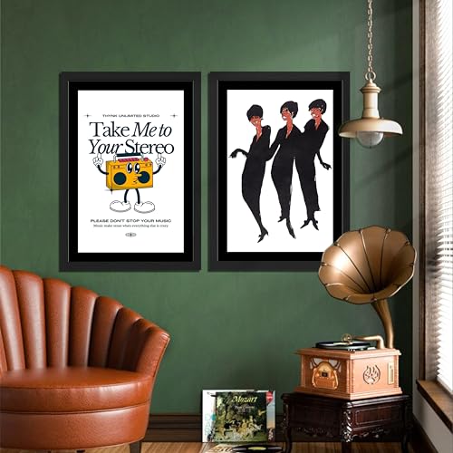 Image of NoWorries Retro Music and Fashion Disco Art Wall Painting | Vintage Stereo Quote & Dancing Silhouette Posters Frames | Premium 300 GSM Paper Print with Synthetic Wooden Frame | Modern Aesthetic Wall Decor for Living Room, Bedroom, Music Room & Office (Set of 2) (BLACK, ART-6, 13X19INCHES)