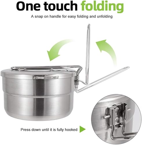 Miniatura 5 de DenpenTEC - Olla de acero inoxidable con tapa y mango plegable, olla Bento de gran capacidad de 1.5 L para acampar y senderismo