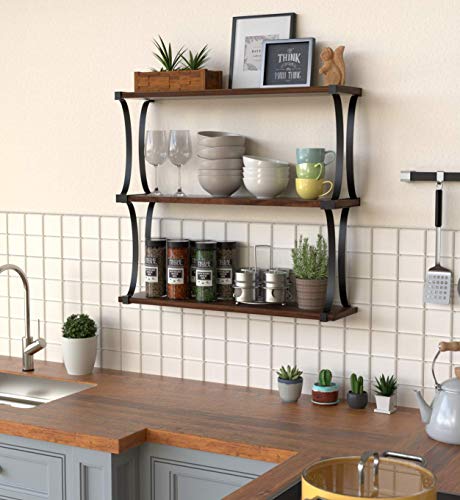 J JACKCUBE DESIGN 3 Tier Wood Floating Shelf, Wall Mounted Wooden Shelves with Curved Metal Brackets for Bedroom, Living Room, Bathroom, Kitchen, Office - MK476C