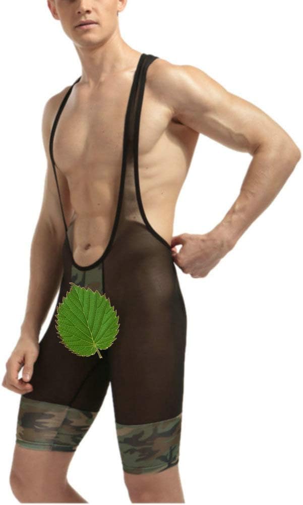 Mens Jockstrap Freestyle Wrestling Singlet Camouflage Bodysuit Leotard Underwear, L Size