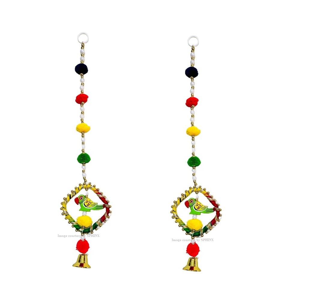 SPHINX Handmade Wooden Parrot hangings beads pearl pom pom tassles wall hangings door hangings door torans with bells latkans for home decoration entrance main gate decor - (Approx. 1.45 ft, 2 Pieces)