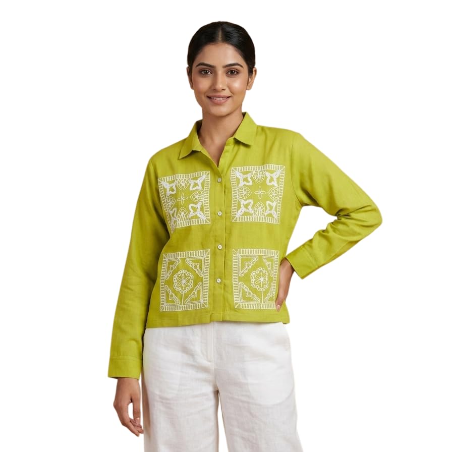 Image of Stylish Women's Embroidered Shirts | Geometric Pattern Half Sleeve Collared Button-Up Casual Shirt for Women