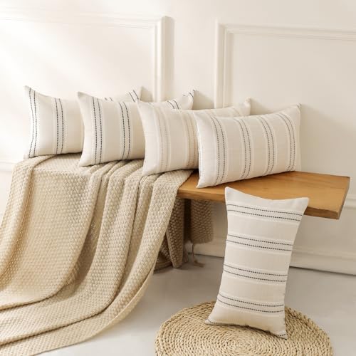 Hckot Throw Pillow Covers 12x20 Set of 2 Striped Pillow Covers Textured Linen Decorative Pillows Lumbar Cushion Covers for Sofa Couch Bed Living Room Farmhouse Decor, Navy