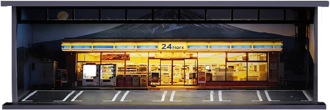 Gablota na modele samochodów 1:64, diorama garażowa z nadrukiem UV, osłona akrylowa, oświetlenie LED USB, 6 miejsc, kompatybilna z Hot Wheels i Matchbox - Japoński Sklep JDM