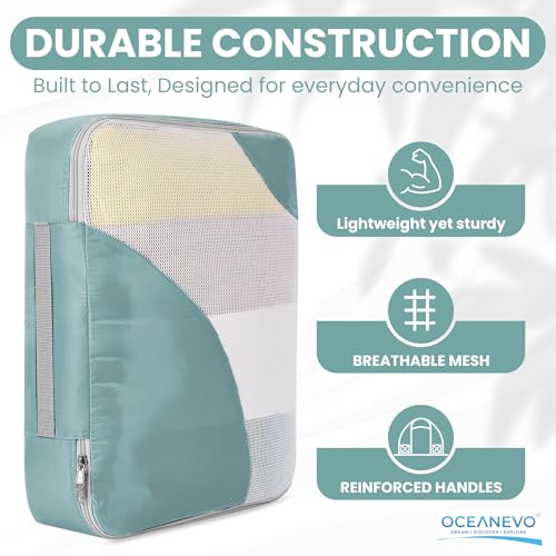 Image of OCEANEVO Set of 10 Pcs Packing Cubes for Travel | Includes Luggage Tag and Toothbrush Holder | Suitcase Organizer for Travelling for Clothes, Shoes and Lingerie | Model 3.0 - Sky Blue-1 Year Warranty