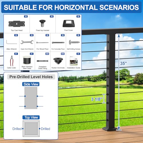 Image of 4FT-8FT Complete Set 36 inch Cable Railing Kit(35 inchx2 inchx2 inch), 2pcs Stainless Steel Black Flat Top Surface Mount Level Posts, 1 /8 inch Wire Rope(No Handrail), Swageless Cable Railing System Kit, MY07-LP