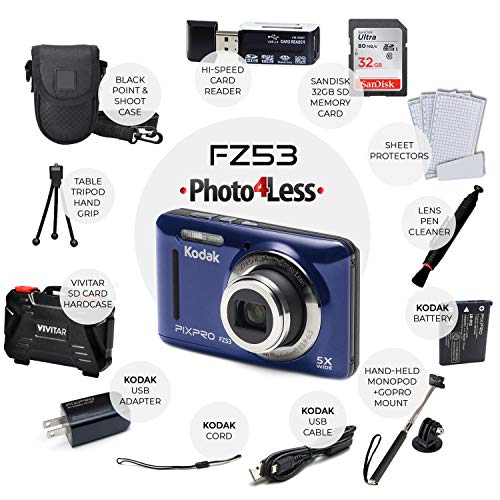 Kodak PIXPRO FZ53 16.15MP Digital Camera + 32GB Memory Card + Point and Shoot Camera Case + Extendable Monopod + Lens Cleaning Pen + LCD Screen Protectors + Table Top Tripod – Ultimate Bundle (Blue) - Image 3