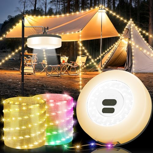 Camping String Lights, 4 in 1 Quick Storage 32.8FT Rechargeable Fairy String Light with 9 Modes Hanging Waterproof LED Camp Lamp for Camping Essentials Hiking Patio Awning Christmas Outdoor Decor