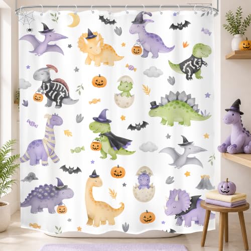 Image of Halloween Dinosaur Shower Curtain Bathroom Set 60Wx71H Inches Kids Cartoon Watercolor Cute Dino Funny Spooky Candy Animal Adorable Bath Accessories Festival Art Home Decor Fabric 12 Pack Hooks