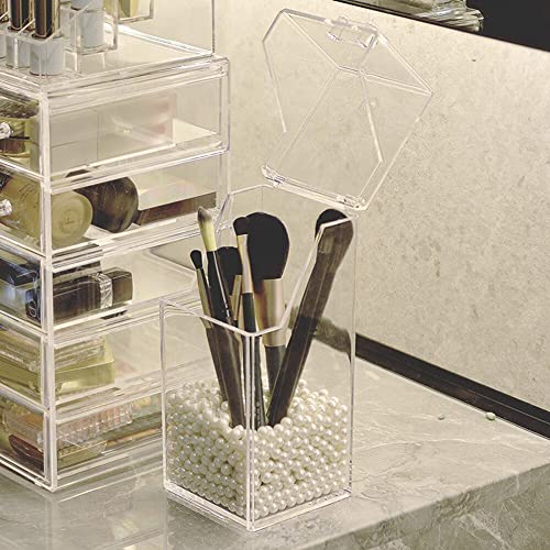Organizador para brochas de maquillaje con tapa, organizadores transparentes de acrílico, caja de almacenamiento a prueba de polvo para maquillaje, organizador de lápiz de cejas, lápiz delineador de - imagen 4
