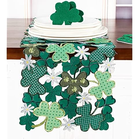 GRANDDECO St. Patrick's Day Table Runner 13"×54",Applique Embroidered Cutwork Clover Dresser Scarf for Home Kitchen Dining Spring Irish Festival Tabletop Decoration Cover
