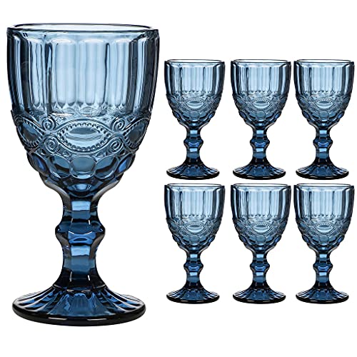 Dibor Wine Glass Set of 6 Blue Baroque Embossed 300ml Drink Goblets