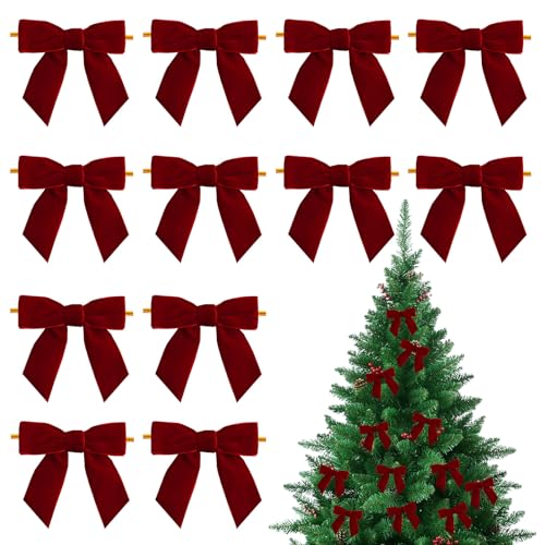 12 Pcs Wine Red Bows for Christmas Tree Decorations, Christmas Tree Velvet Bows with Twist Ties, Xmas Decor Wreath Ornament for Trees Wreath Tie for Home Indoor Decor Outdoor Decorations