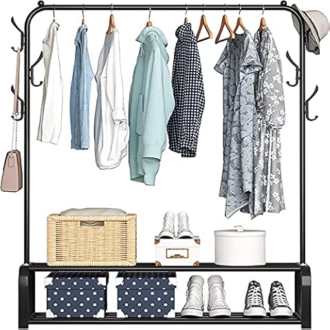 WODENY Clothes Rail Metal Garment Rack Freestanding Hanger Display Stand Rail Bedroom Clothing Rack with 6 Side Hooks, 2 Tier Lower Storage Shelf for Shoes Boxes 4.9ft Coat Drying Rack (Black) Cover