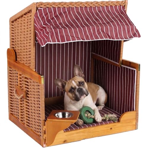MR. DEKO Hundestrandkorb Wacholder PE Beige Rot Gestreift | Hunde-Strandkorb Polyrattan Wetterfest | Tierstrandkorb Schattenplatz | Sonnenschutz für Hunde Garten | Wellness Hund