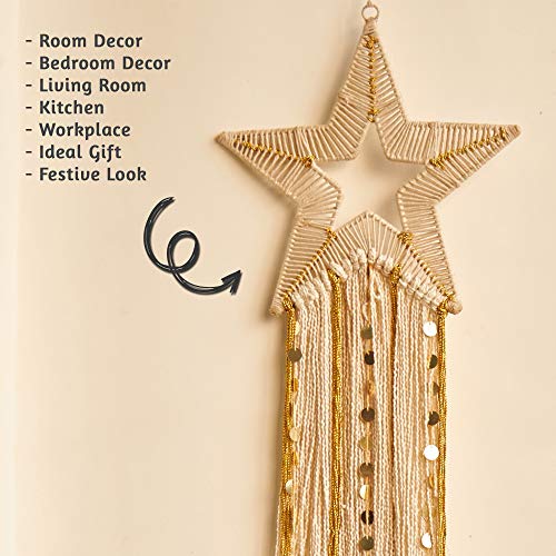 Image of Folkulture Gold Star Macrame Wall Hanging, Wall Decor for Living Room & Bedroom, Boho Farmhouse Style for Teen Girls & Dorm Room, 11 inch x 36 inch Inches