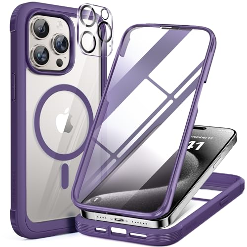 Image of Miracase Magnetic for iPhone 15 Pro Case [Compatible with MagSafe] Full-Body Bumper Phone case with Built-in Glass Screen Protector& Camera Protector, Military Drop Proof 15 Pro Cover, Magnetic Purple