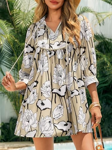 Image of Cicy Bell Womens Floral Mini Dresses 3 /4 Balloon Sleeve V Neck Flowy Babydoll Dress Summer Beach Vacation Boho Outfits