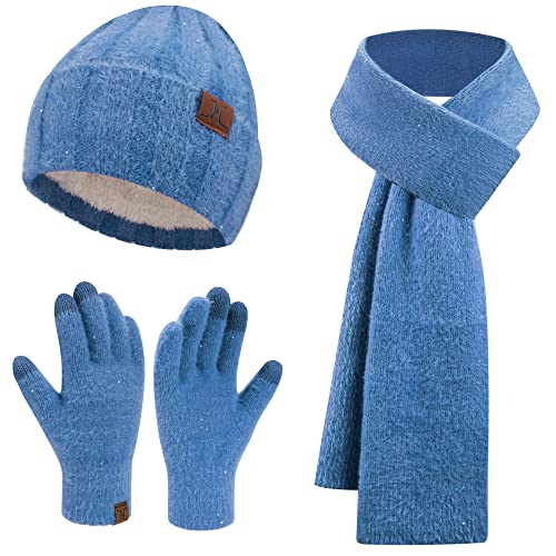 Womens Winter Warm Knit Beanie Hats And Touchscreen Gloves Long Scarf Sets With Sequins Thick Fleece Lined #TOP24
