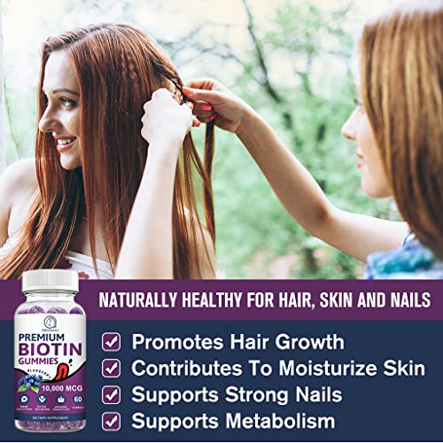 Bbeeaauu Biotin Gummies For Hair Growth, Biotin Hair, Skin & Nails Growth, 10000Mg Vitamins Gummy For Women Men And Kids Vegan, Pectin Based, Blueberry Flavor - 120 Count #TOP5