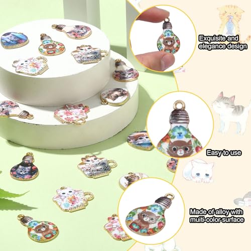 Stiesy 45Pcs 9 Styles Enamel Cat Charms Heart Lamp Bulb Cup with Cat Pendant Charm Printed Animal Dangle Charms Bulk for Jewellery Making Bracelets Crafting - Image 3