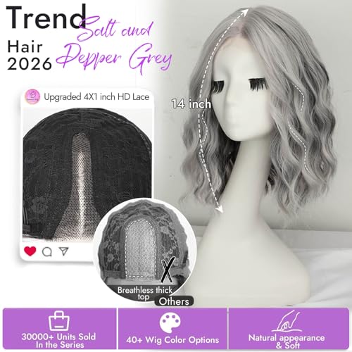 Image of Eawwii Wigs for Women Salt Pepper Grey,Short Wavy Synthetic Lace Wig | Glueless 4x1 Lace Hairline, Heat-Resistant Fiber,Bob Wave Style,Natural Appearance for Everyday Cosplay 14 Inch