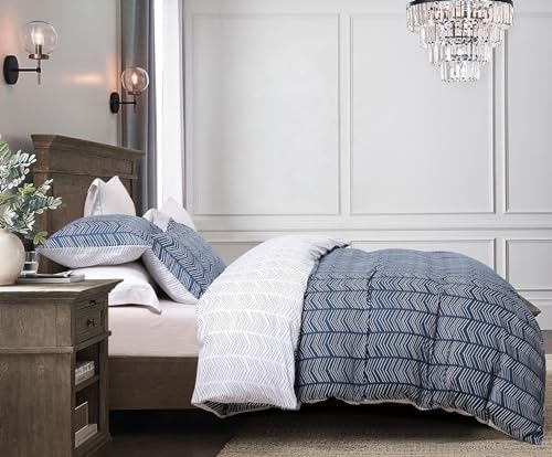 Image of SLEEPBELLA Navy and White Duvet Cover Set, 100% Cotton Bedding, Chevron Geometric Pattern, with Button Closure (3pcs, Twin Size)