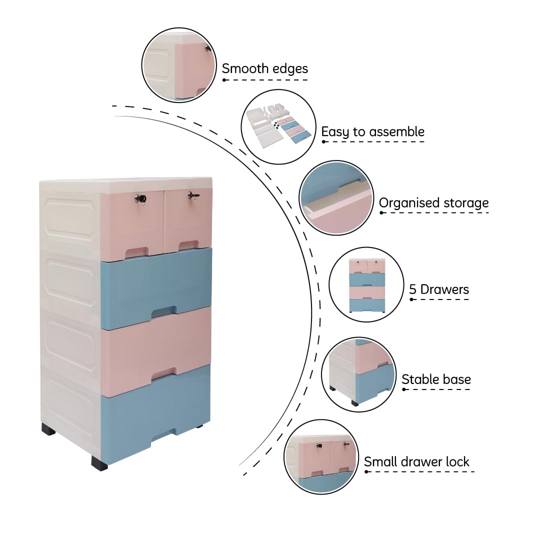 The Tickle Toe Plastic Chest of 5 Drawers for Kids | Multipurpose Organizer in Blue Theme | Dresser for Clothes & Toys | Portable Kids Cabinet | 51Lx33Wx82H cm | Blue 1