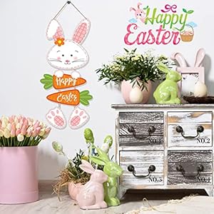 Easter Decorations Rabbit Sign Hanging Wall Decor Bunny Carrot Happy Easter Door Signs with Ropes Decorative Easter Theme Sign Plaque Hanger for Easter Home Wall Door Indoor Outdoor Spring Decoration