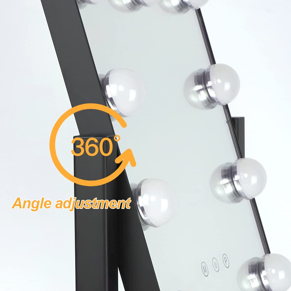 Hollywood - Espejo de maquillaje iluminado con luces, espejo iluminado Depuley con 9 bombillas LED de atenuación, control táctil inteligente, 3 modos de iluminación de color, aumento desmontable de 10