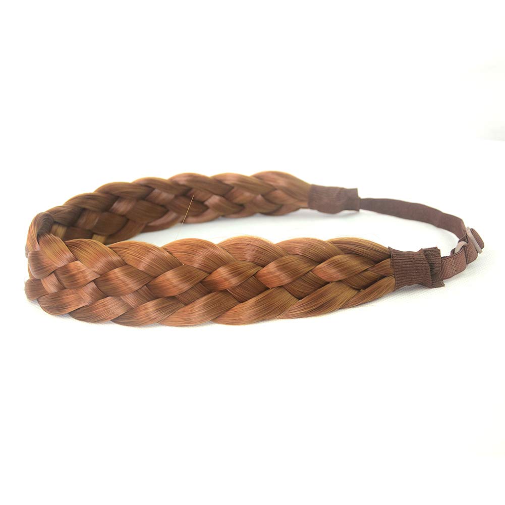 BOBIYA 5 Strands Synthetic Hair Braided Classic Chunky Wide Plaited Headband Elastic Stretch Braid for Women Girl (Sunset Brown)