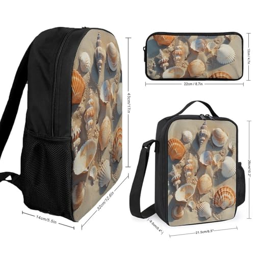 3 Piece Backpack for Women Men Lightweight Causal Daypack Shoulder Bag Set with Insulated Lunch Bag And Pencil Case Organizers Pile of Shells2