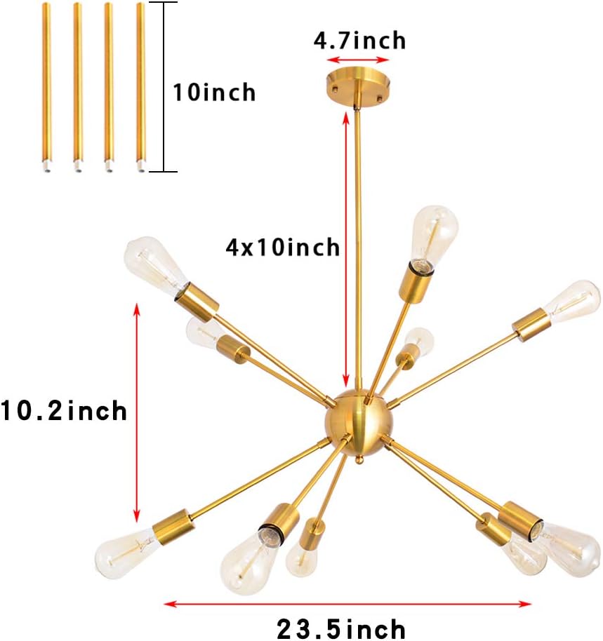 Weekly Top Sale Sputnik Chandelier 10 Lights Brushed Gold Pendant Lighting Modern Vintage Ceiling Lamp Mid Century Hanging Lamps for Dining Room Kitchen Island Bedroom