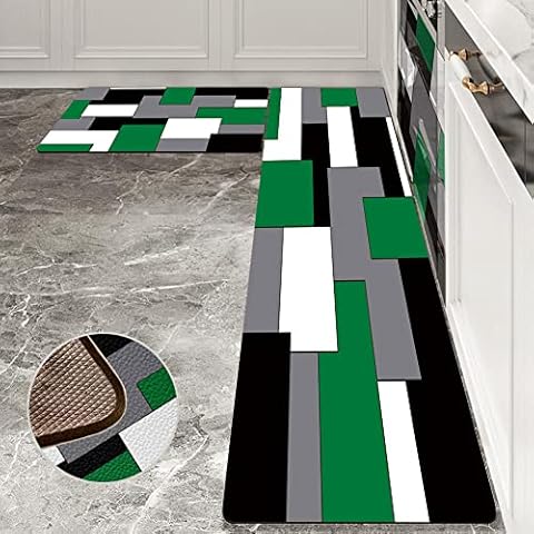 AILUER Green and Grey Kitchen Rugs and Mats Set 2 Piece Abstract Geometric Art Cushioned Kitchen Rugs Abstract Modern Art Kitchen Mats for Kitchen & Laundry (Green Art, 17.5"x29.5"+17.5"x47") Cover