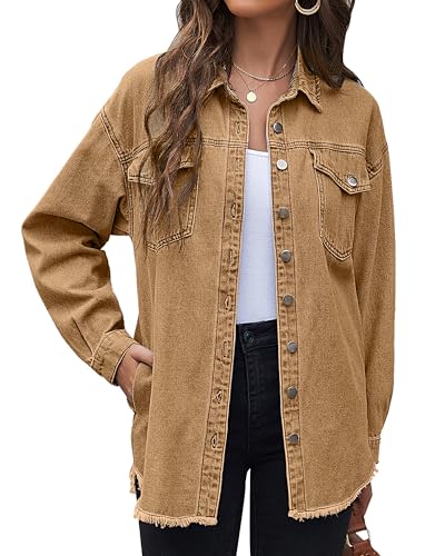 LookbookStore Jean Jacket Women Trendy Oversized Button Down Long Sleeve Frayed Hem Denim Shirt Jackets Distress Shacket