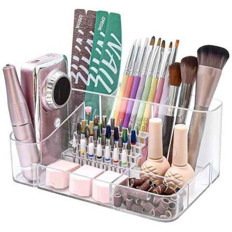 ANRUI Nail Drill Holder, 28 Holes Nail Drill Machine & Bits Storage Box, Acrylic Nail Drill Bits Holder, Professional Nail Drill Organnizer Box for Manicure tools - Transparent Cover