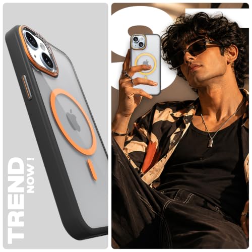 Image of Pikkme Back Cover for iPhone 14 | Shockproof | Mag-Safe Compatible | Hard Transparent Back | Premium Raised Camera Protection | Bumper Case (Black & Orange Mag-Safe)