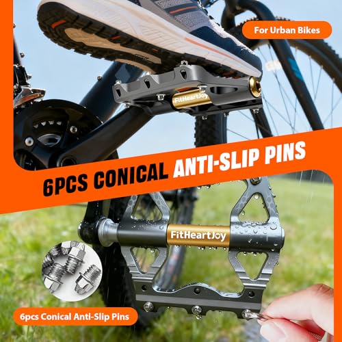 Image of Mountain Bike Pedals, MTB Pedal with 3 Sealed Bearings, 9 /16 inch, CNC Aluminum Flat Bicycle Accessories with Anti-Slip Pins for Mountain Road Bike (Red /Black /Blue /Grey)