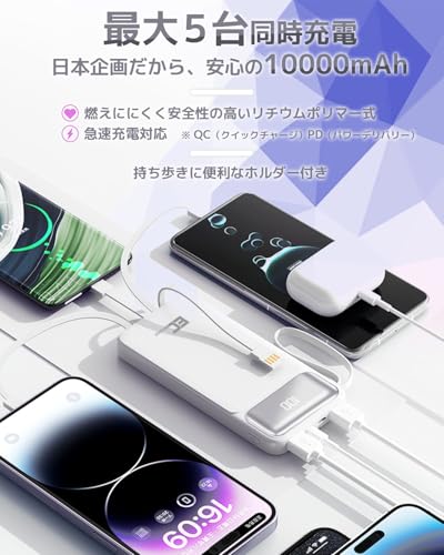 ECbestモバイルバッテリー 大容量 PD20W 急速充電 真10,000mAh 4本ケーブル内蔵 6台同時充電 技術適合品 LCD電量残量表示 iPad/iPhone/Android全種機器対応 パススルー可 コンパクト＆軽量 機内持ち込み可能 安全設計＆回路保護