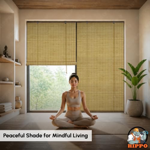 Image of HIPPO Bamboo Curtains - W-4FTXH-7FT Rope Mechanism Roll Up Down Indoor Bamboo Shade for Sun & Dust Protection for Home Window, Balcony, Restaurant, Hotel, Resort (Natural-TAN)