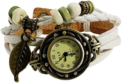 KANO BAK Leaf Charm White Color Women Ladies Weave Leather Belt Bracelet Watch
