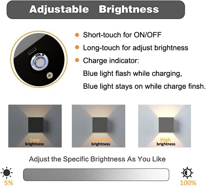 Miniatura 5 de Apliques de pared, luces LED, luces de pared a pilas con carga USB, interruptor de encendido y apagado regulable, control táctil para dormitorio,