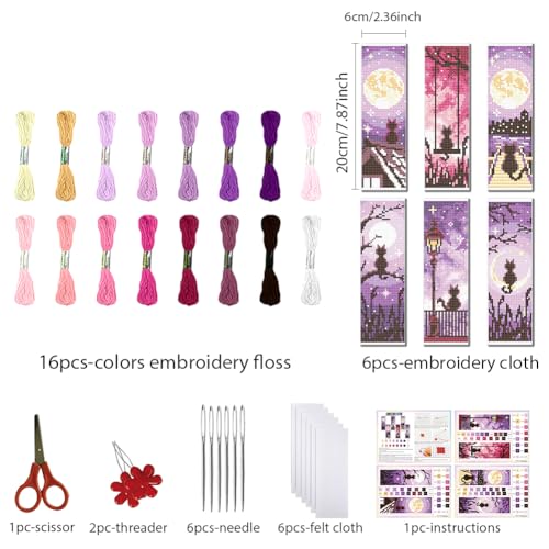 Image of FREEBLOSS 6 Set Cross Stitch Bookmarks Kit Cat in Night Stamped Cross Stitch Kit DIY Embroidery Bookmark Set with Instruction for Adults Beginners Gift for Reading Enthusiasts 8 * 2.4inch 11CT