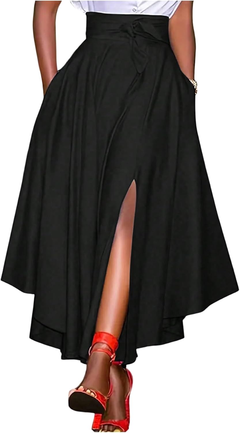 Verdusa Women's High Waisted Fall Skirt Formal Business Casual Flowy Maxi Skirt with Slit