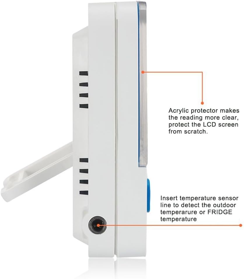 Side view of the thermometer showing the acrylic protector and the port for the temperature sensor wire.